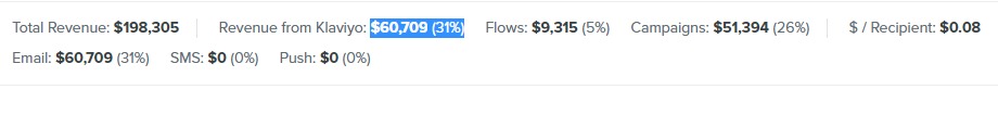 Channel revenue breakdown showing $198,305 total revenue with $60,709 (31%) attributed to email